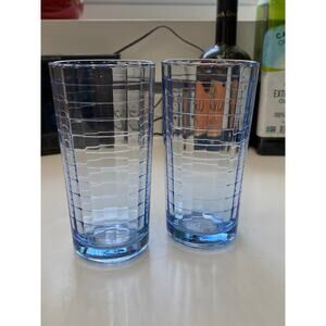 Pasabahce Pair‎ of Blue 5" Drinking Glasses Optic Windowpane Block Pattern